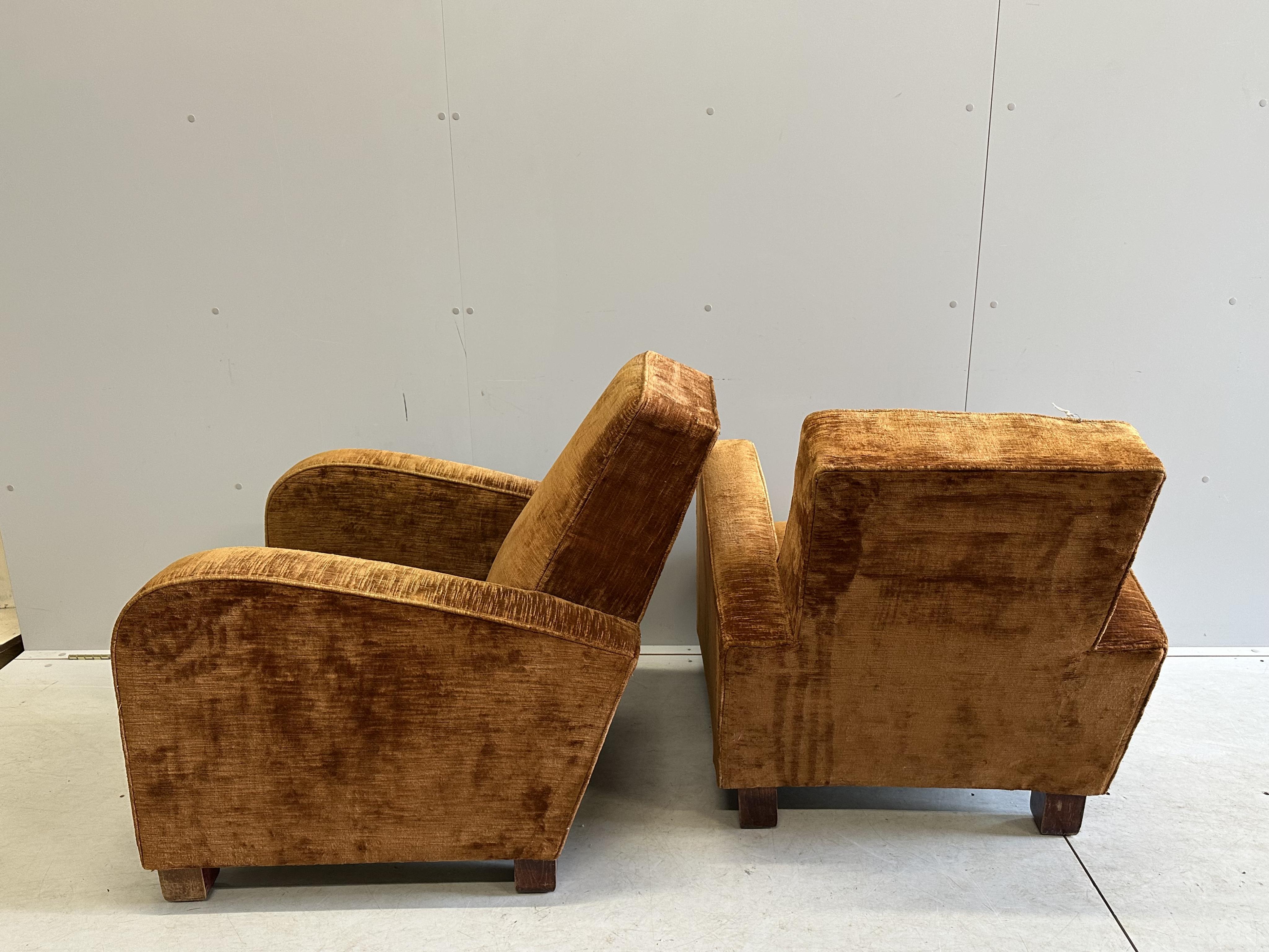 A pair of French Art Deco armchairs, width 74cm, depth 80cm, height 85cm, Condition - fair